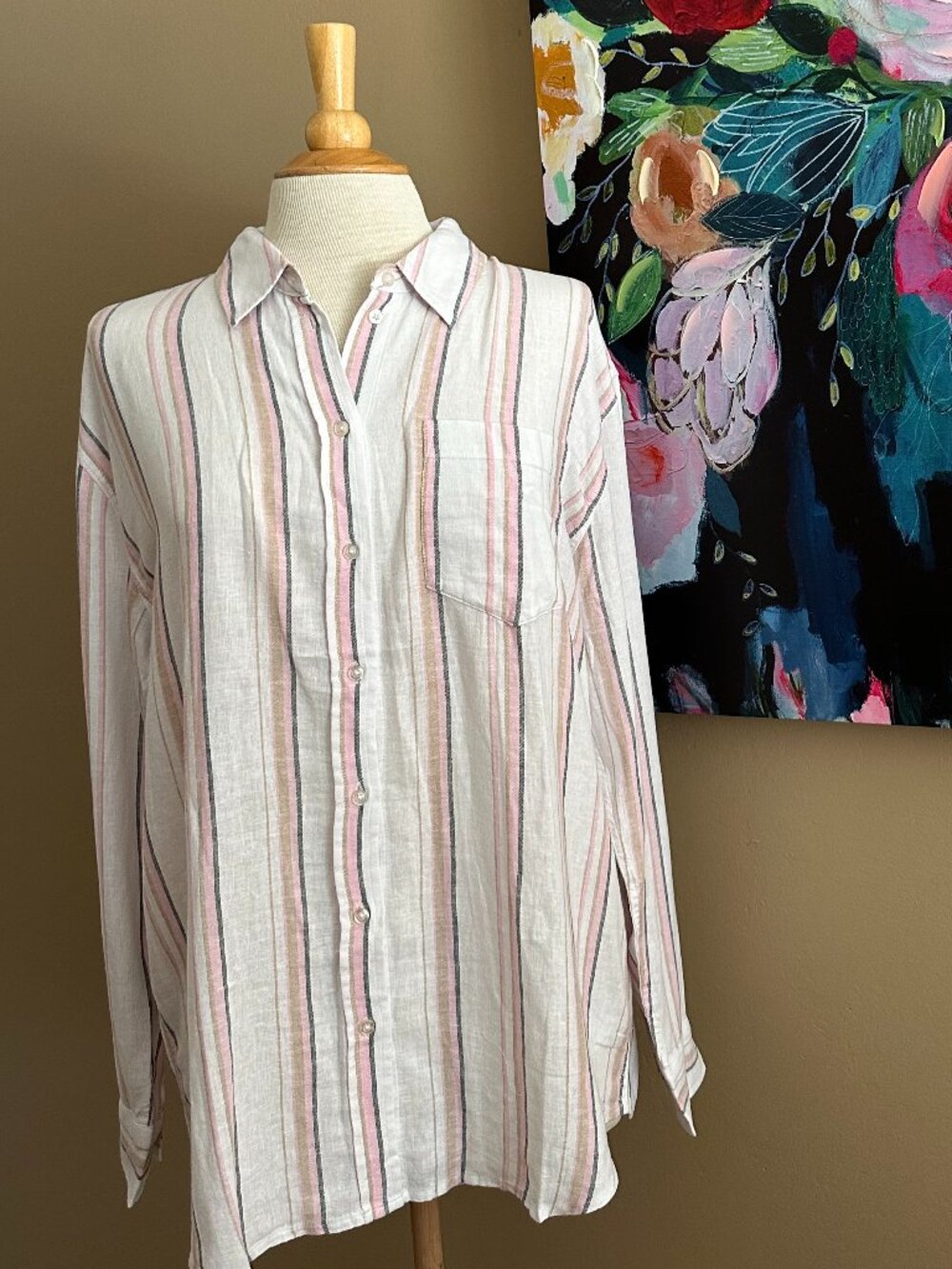 NWT GAP Linen Blend Striped Button Up Shirt Medium Pink White Long Sleeve Beach